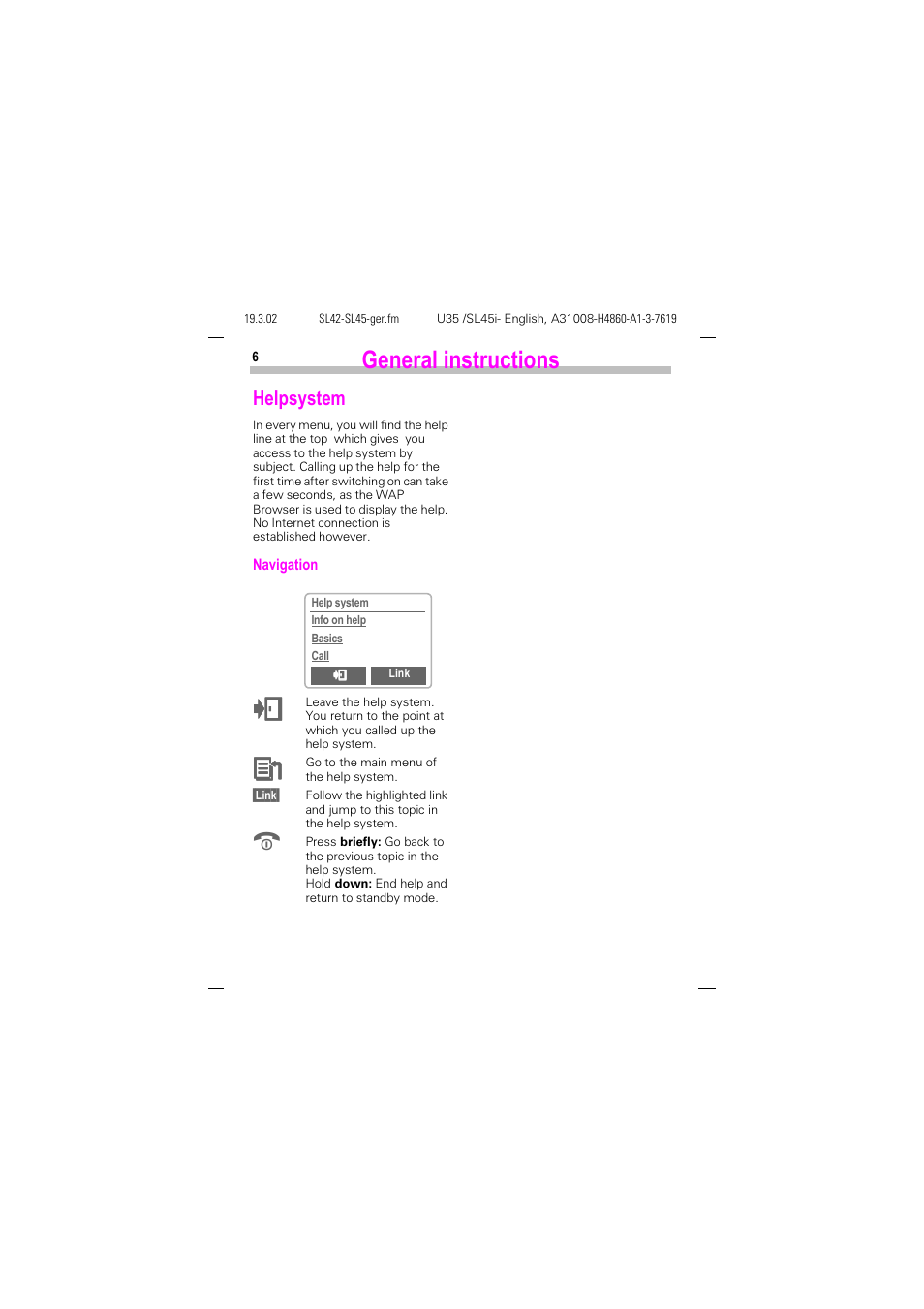 Helpsystem, General instructions | Siemens SL42 User Manual | Page 8 / 96