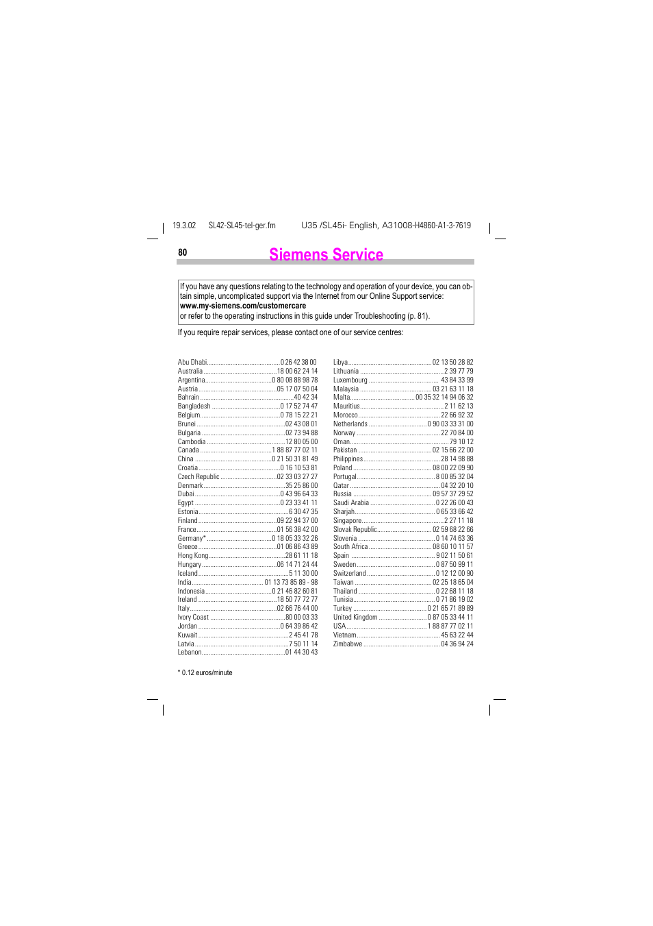 Siemens service | Siemens SL42 User Manual | Page 82 / 96