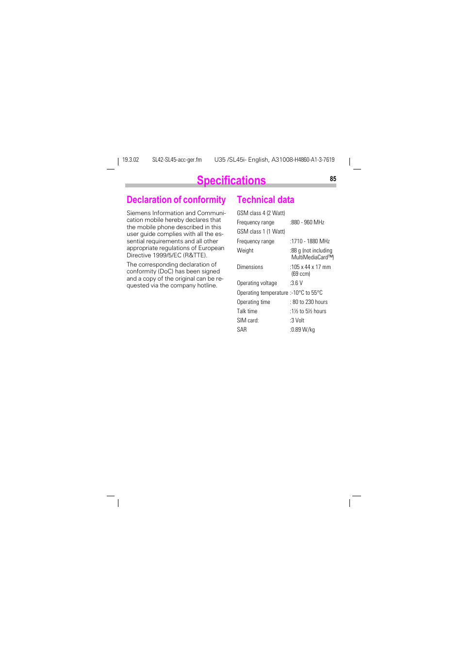 Specifications, Declaration of conformity, Technical data | Declaration of conformity technical data | Siemens SL42 User Manual | Page 87 / 96