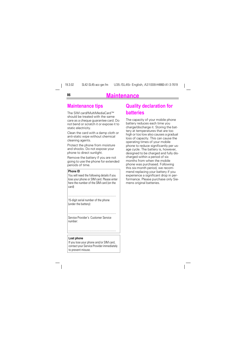 Maintenance, Maintenance tips, Quality declaration for batteries | Maintenance tips quality declaration for batteries | Siemens SL42 User Manual | Page 88 / 96