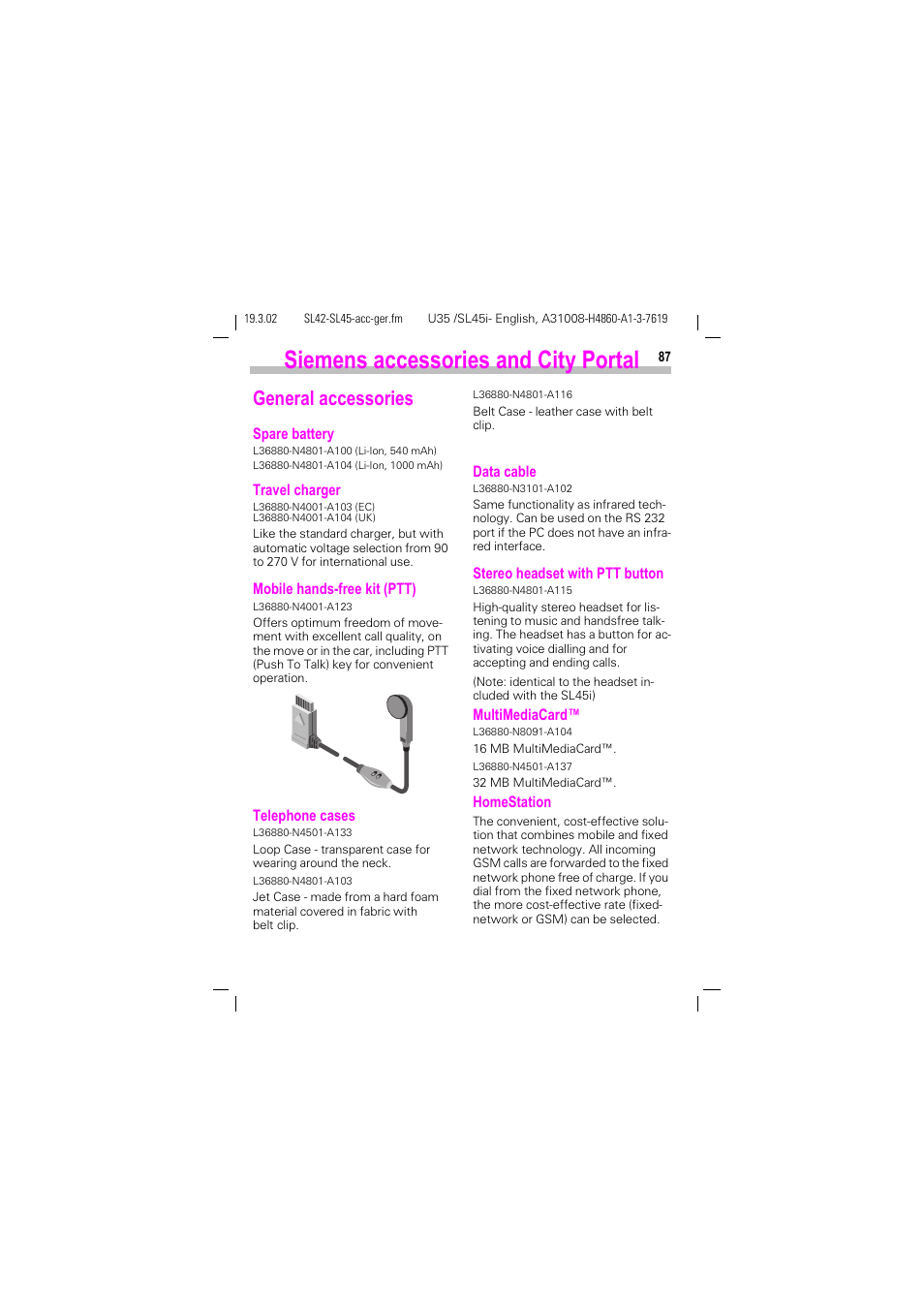 Siemens accessories and city portal, General accessories | Siemens SL42 User Manual | Page 89 / 96