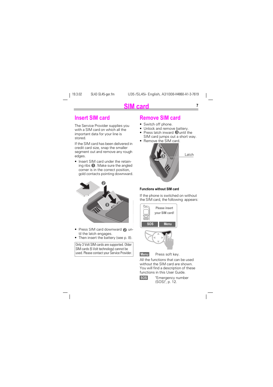 Sim card, Insert sim card, Remove sim card | Siemens SL42 User Manual | Page 9 / 96