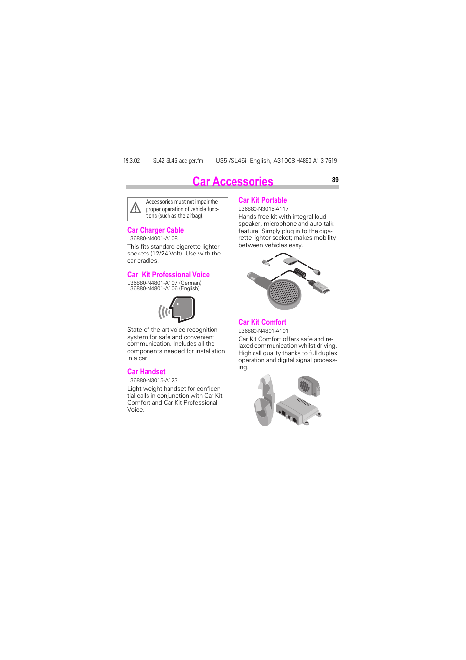 Car accessories | Siemens SL42 User Manual | Page 91 / 96