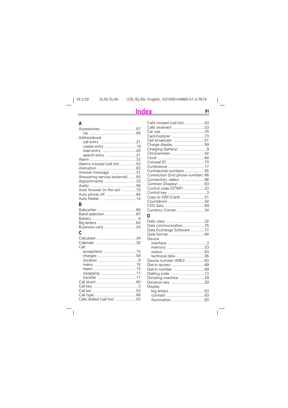 Index | Siemens SL42 User Manual | Page 93 / 96