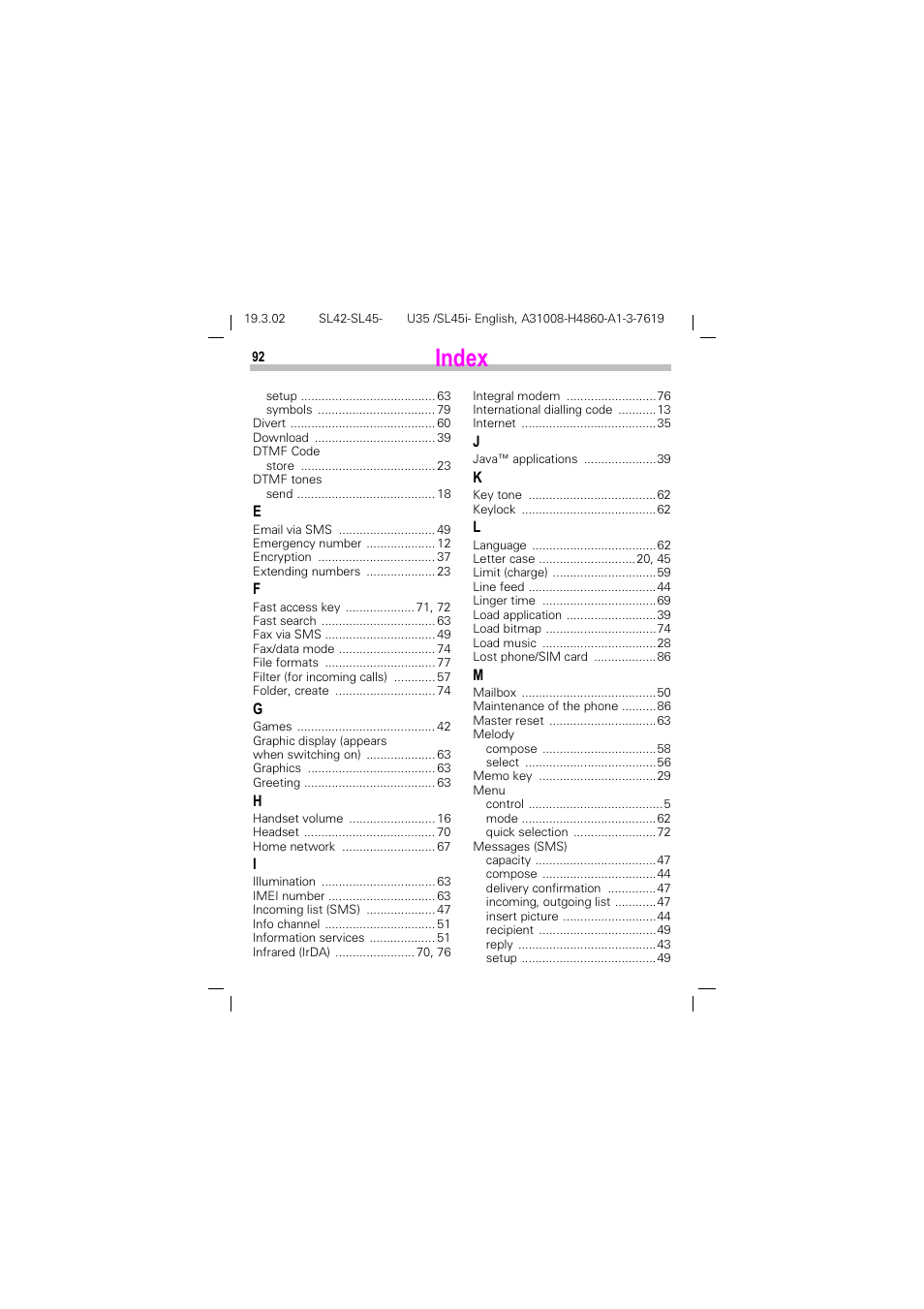 Index | Siemens SL42 User Manual | Page 94 / 96