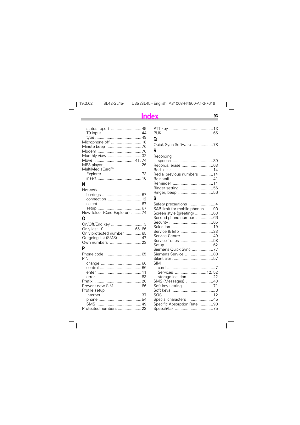 Index | Siemens SL42 User Manual | Page 95 / 96
