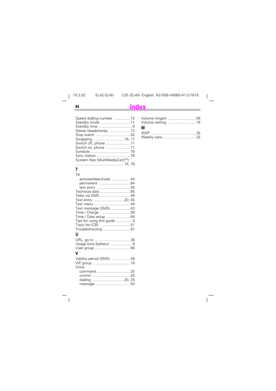 Index | Siemens SL42 User Manual | Page 96 / 96