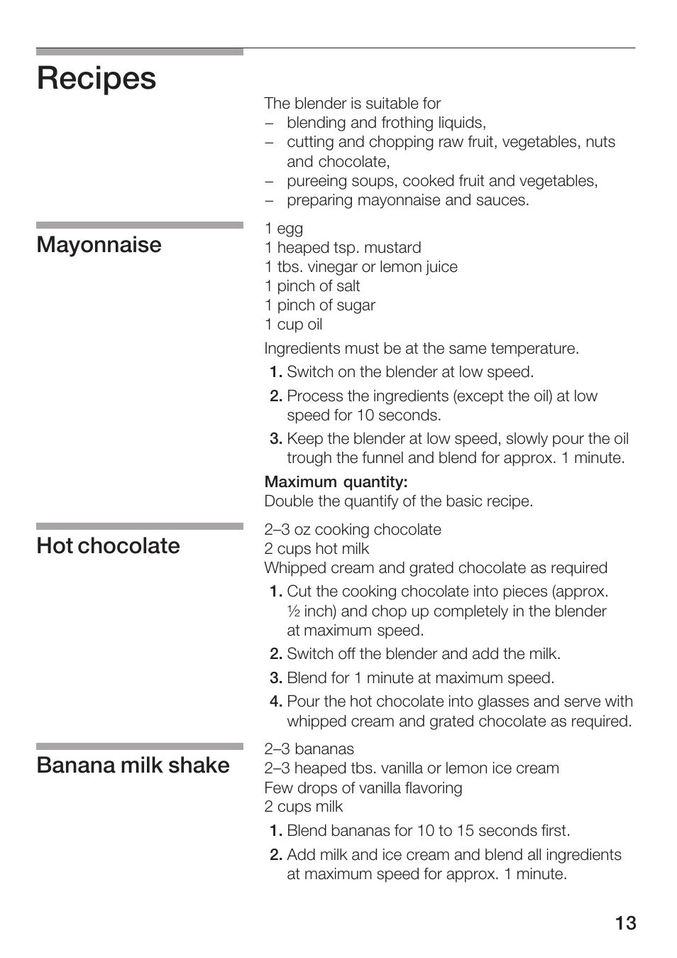 Recipes, Mayonnaise hot chocolate banana milk shake | Siemens MB 11000 UC User Manual | Page 13 / 48