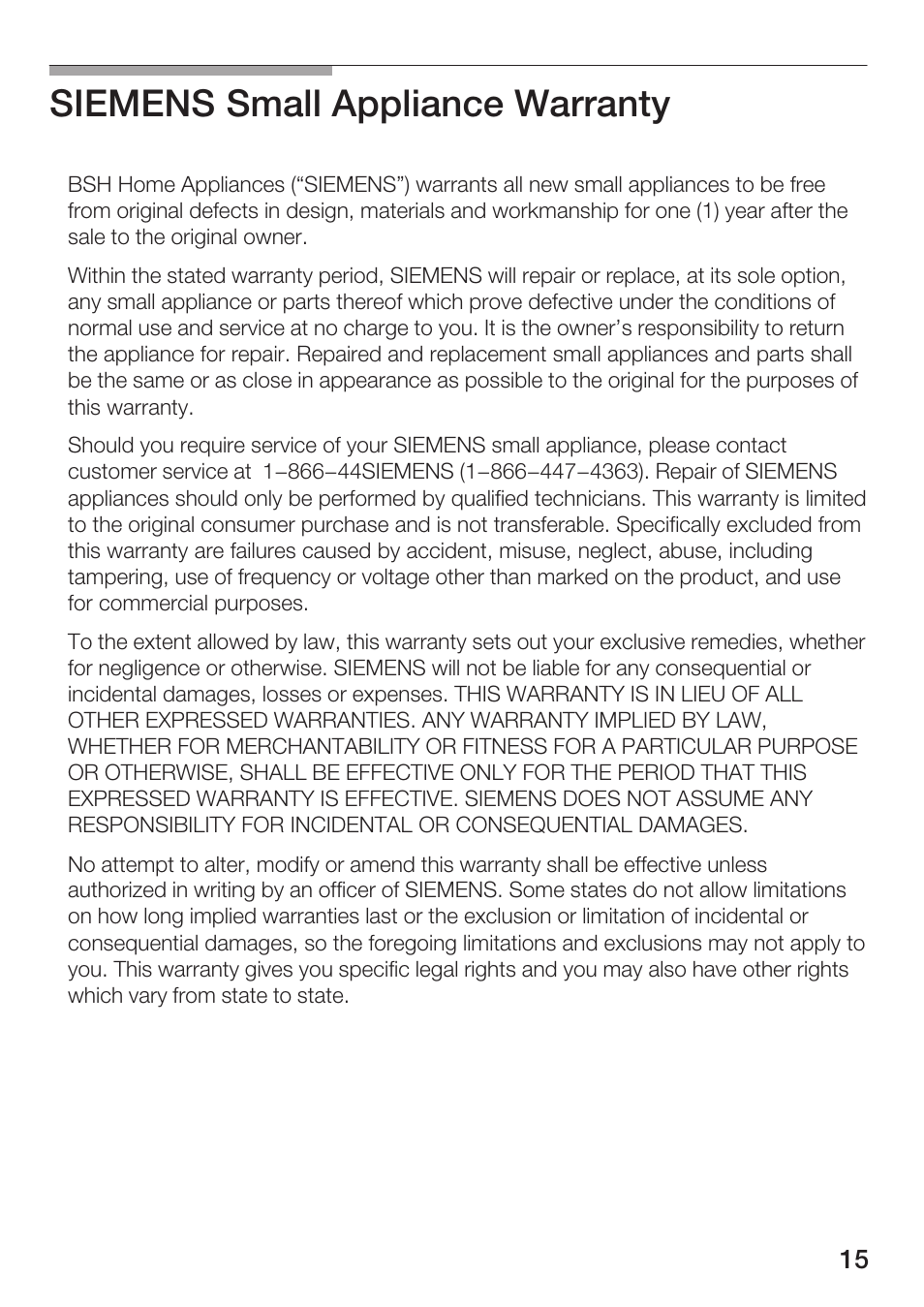 Siemens small appliance warranty | Siemens MB 11000 UC User Manual | Page 15 / 48