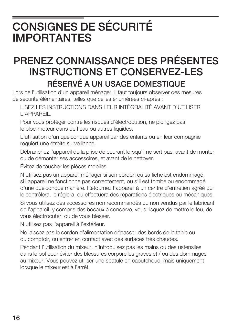 Consignes de sécurité importantes, Réservé a un usage domestique | Siemens MB 11000 UC User Manual | Page 16 / 48