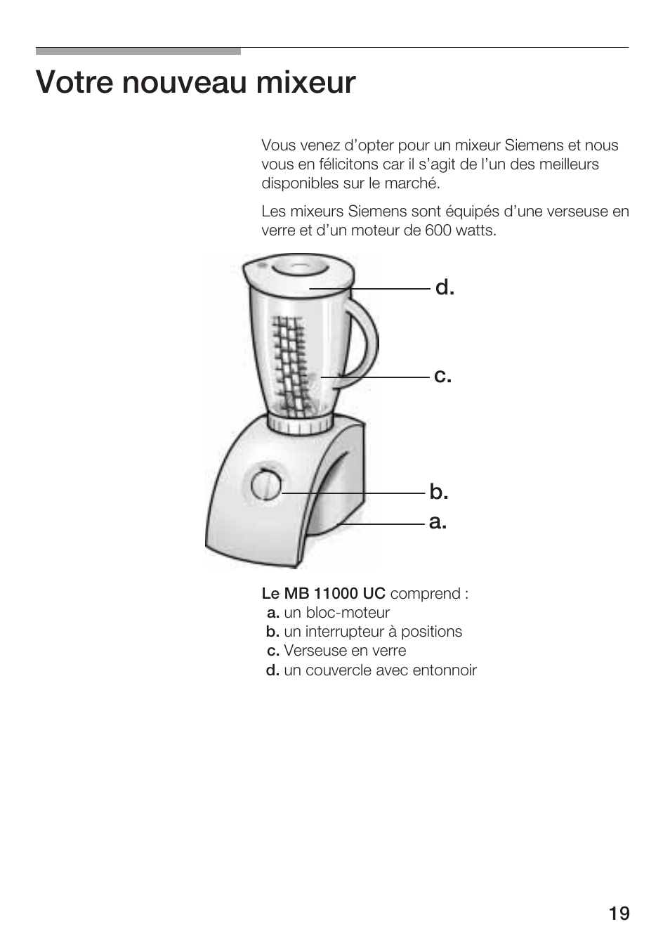 Votre nouveau mixeur, A. b. c. d | Siemens MB 11000 UC User Manual | Page 19 / 48