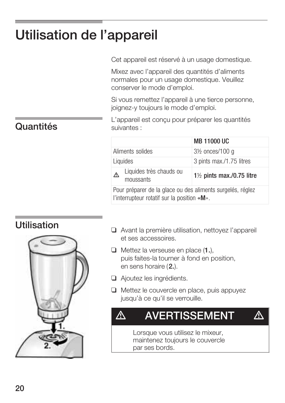 Utilisation de l'appareil, Davertissement d, Quantités utilisation | Siemens MB 11000 UC User Manual | Page 20 / 48