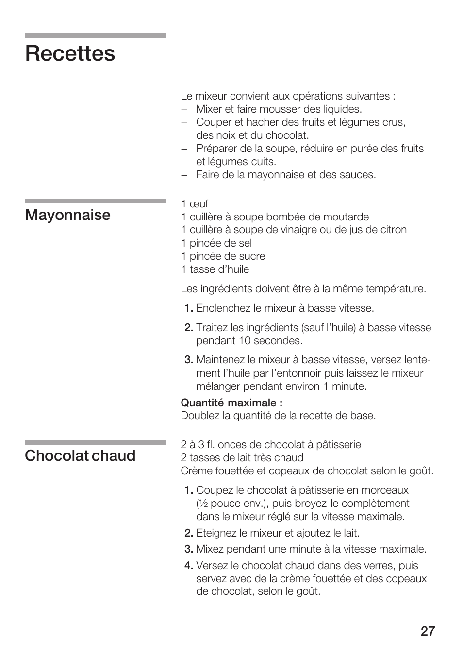 Recettes, Mayonnaise chocolat chaud | Siemens MB 11000 UC User Manual | Page 27 / 48