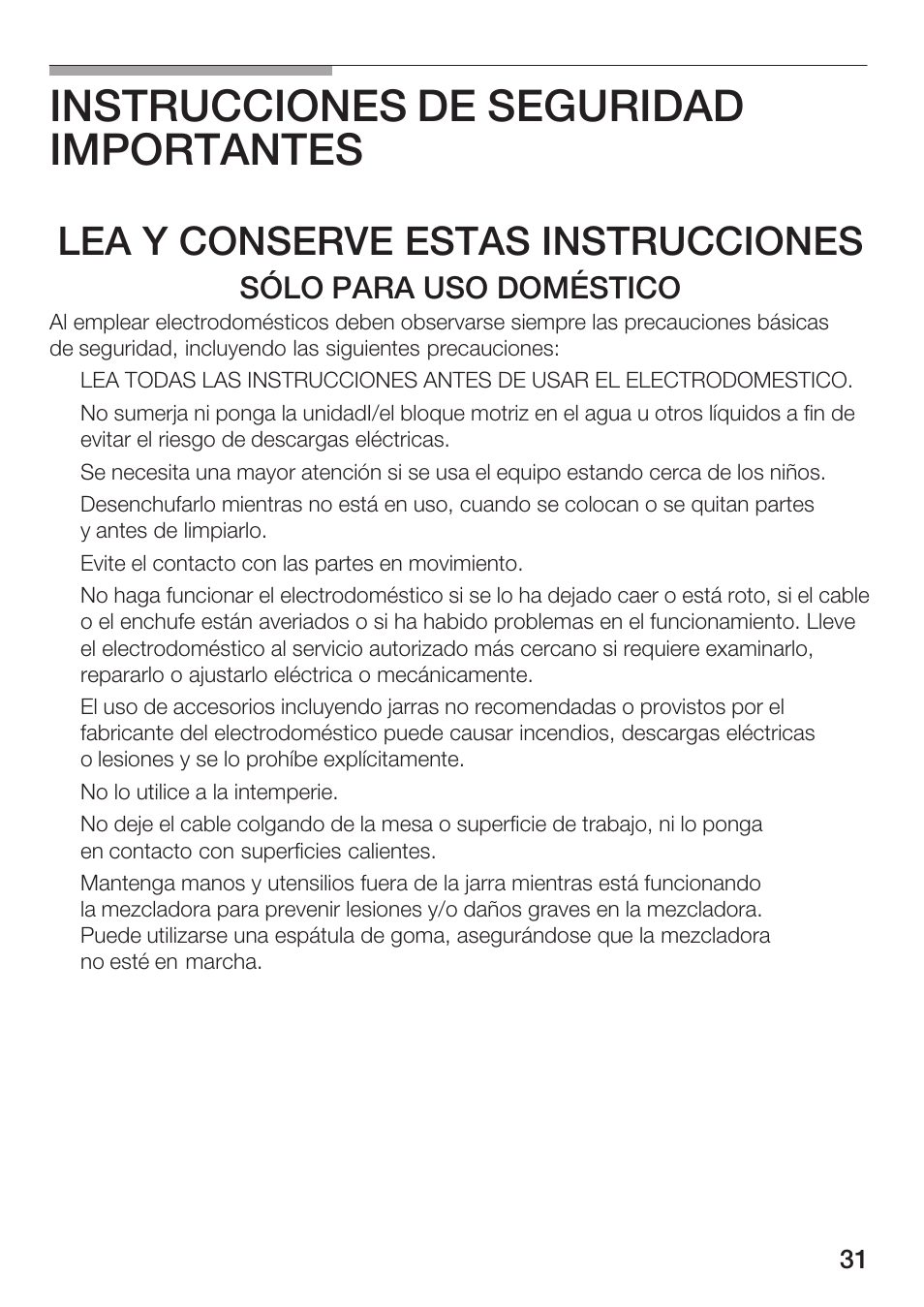 Instrucciones de seguridad importantes, Lea y conserve estas instrucciones, Sólo para uso doméstico | Siemens MB 11000 UC User Manual | Page 31 / 48