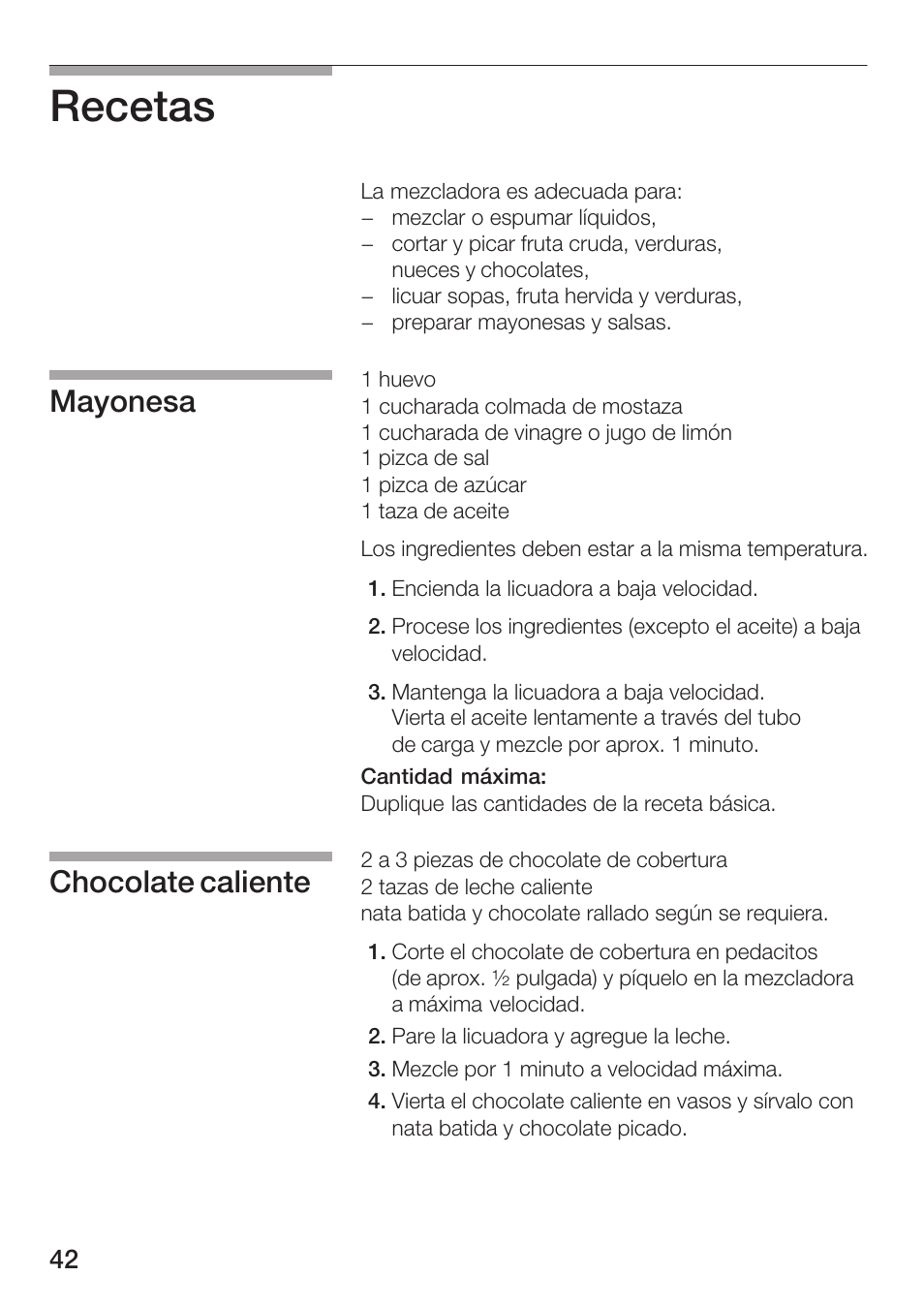 Recetas, Mayonesa chocolate caliente | Siemens MB 11000 UC User Manual | Page 42 / 48