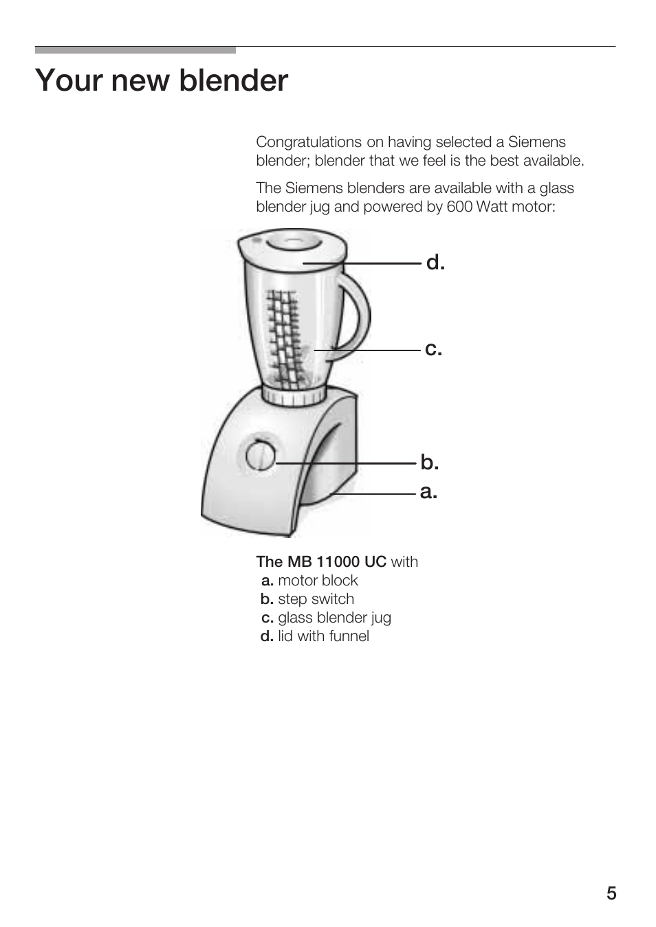 Your new blender, A. b. c. d | Siemens MB 11000 UC User Manual | Page 5 / 48