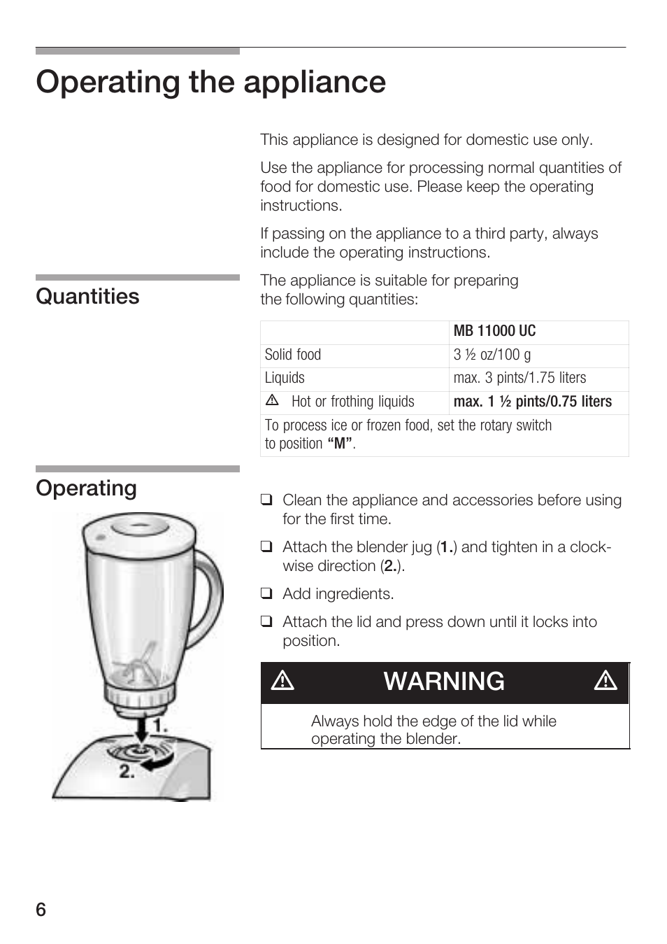 Operating the appliance, Dwarning d, Quantities operating | Siemens MB 11000 UC User Manual | Page 6 / 48