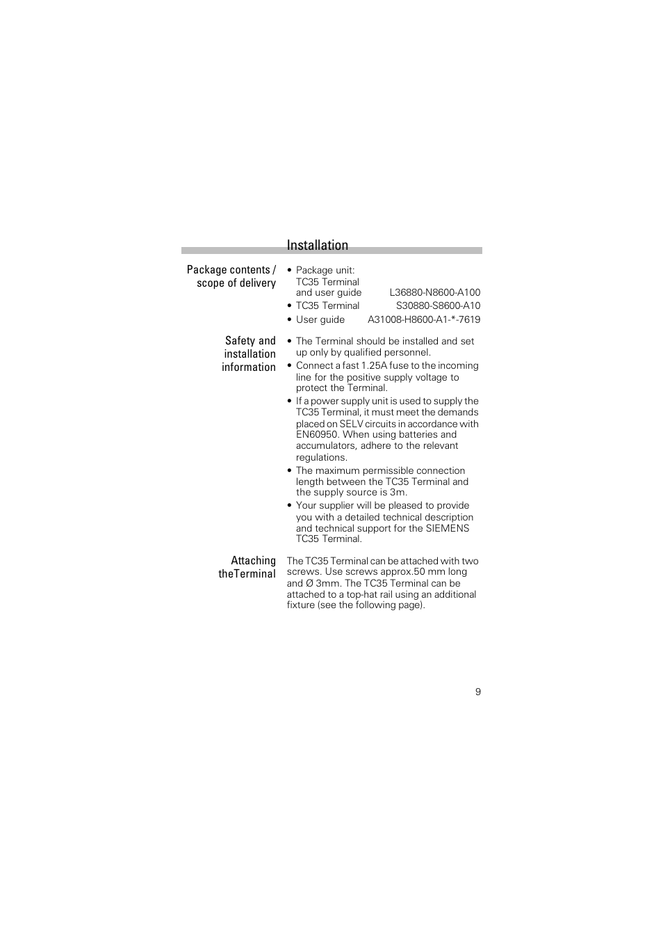 Installation | Siemens Terminal TC35 User Manual | Page 11 / 39