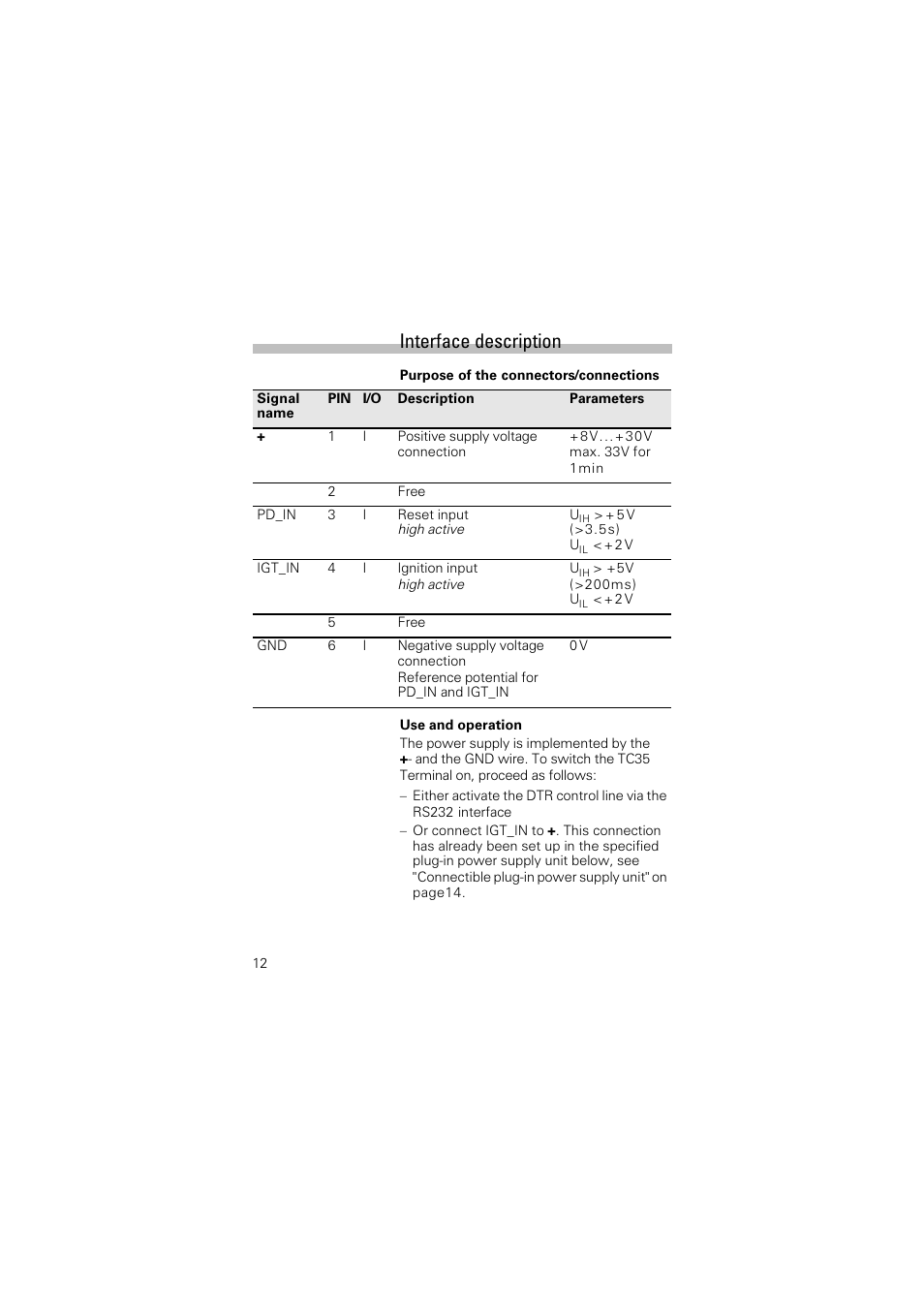 Interface description | Siemens Terminal TC35 User Manual | Page 14 / 39