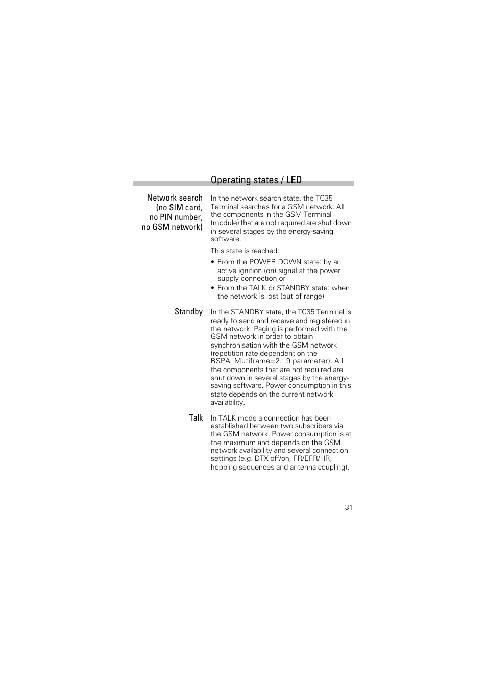 Operating states / led | Siemens Terminal TC35 User Manual | Page 33 / 39