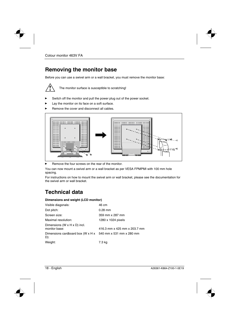 Removing the monitor base, Technical data | Siemens 463V FA User Manual | Page 20 / 26