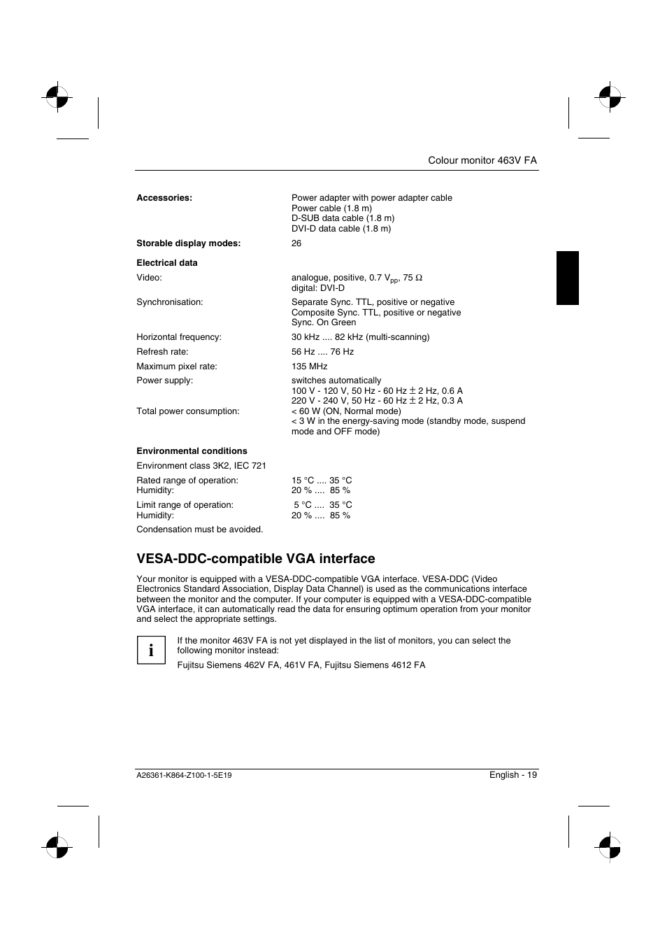 Vesa-ddc-compatible vga interface | Siemens 463V FA User Manual | Page 21 / 26