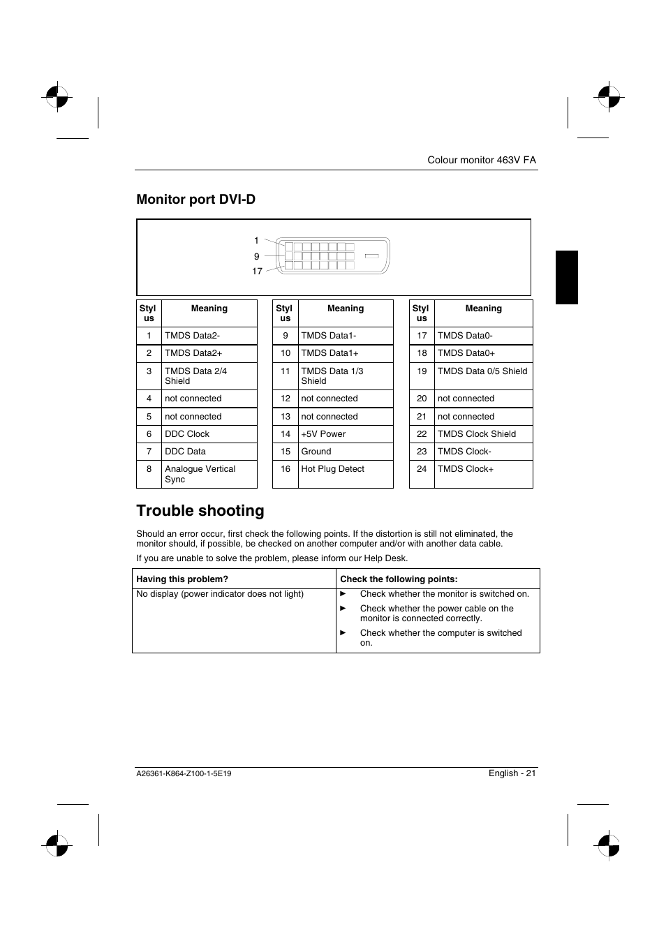 Trouble shooting, Monitor port dvi-d | Siemens 463V FA User Manual | Page 23 / 26