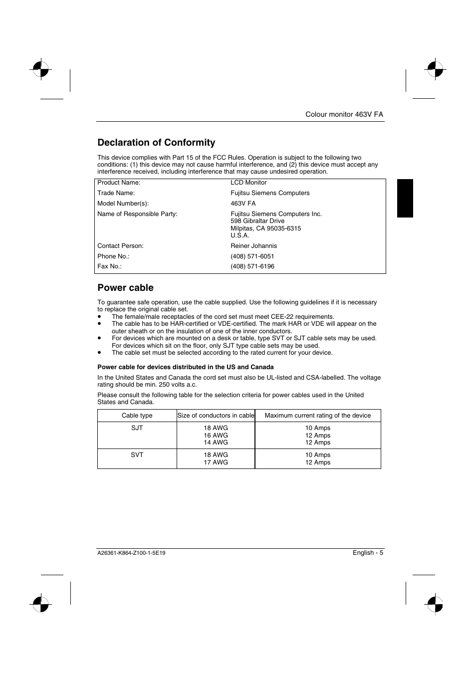 Declaration of conformity, Power cable | Siemens 463V FA User Manual | Page 7 / 26