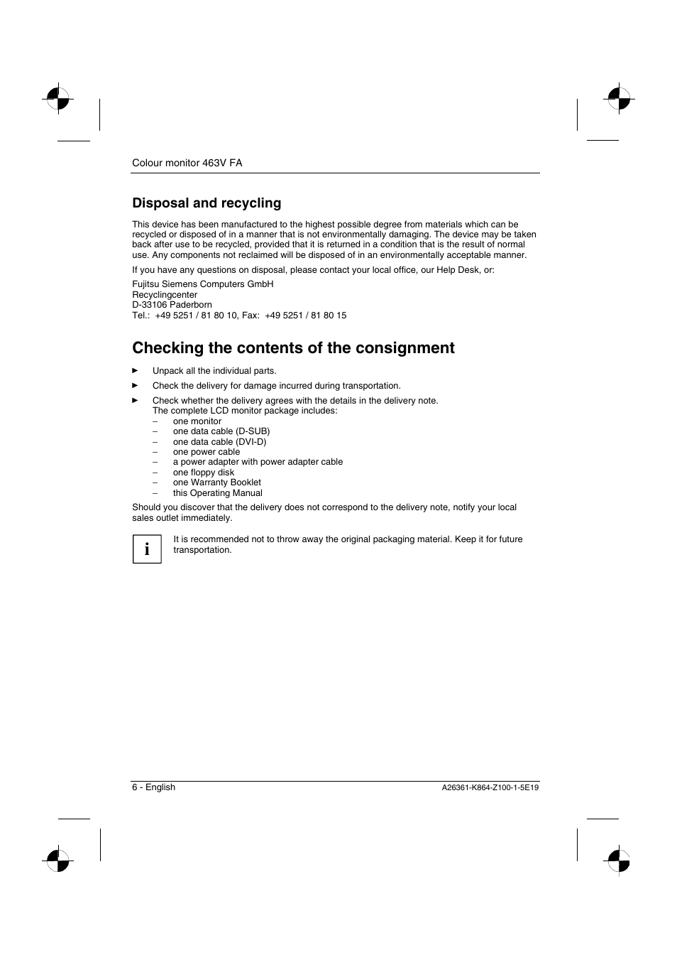 Checking the contents of the consignment, Disposal and recycling | Siemens 463V FA User Manual | Page 8 / 26