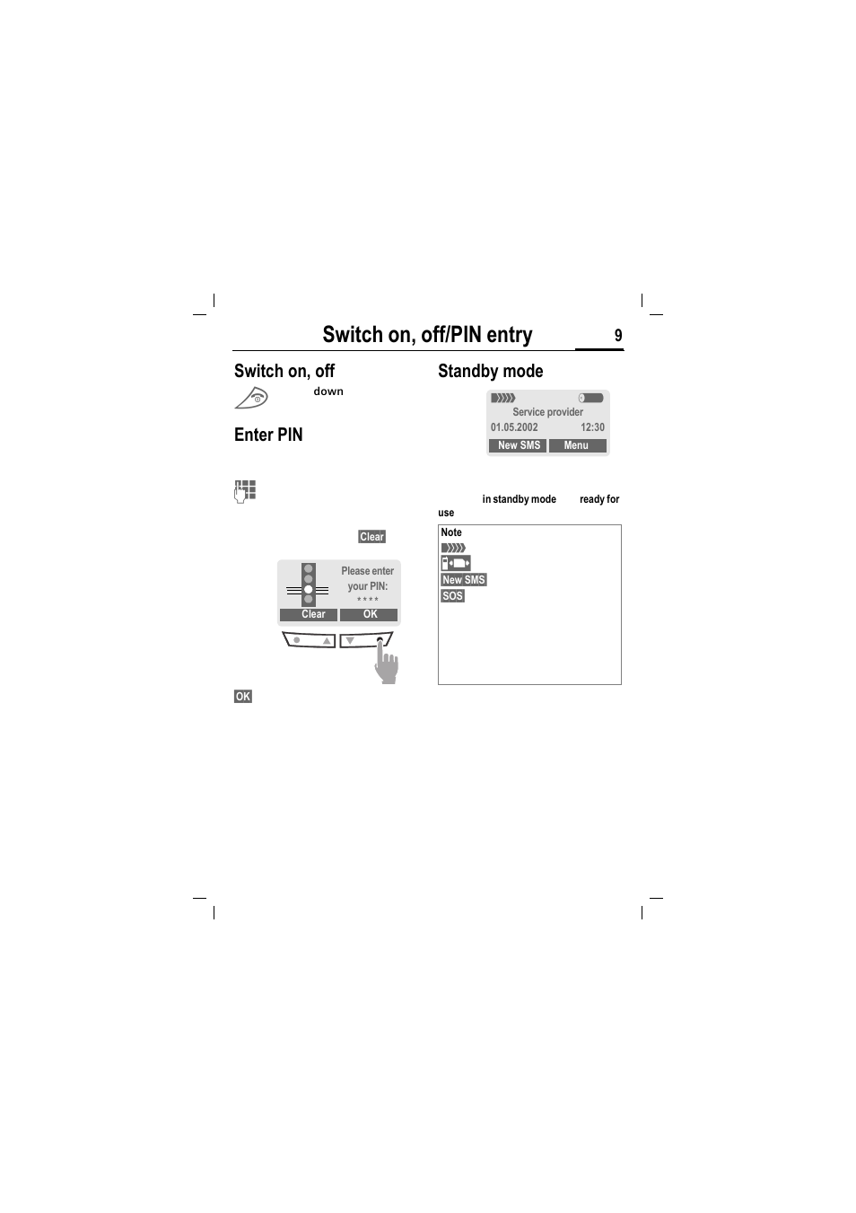 Switch on, off/pin entry, Switch on, off, Enter pin | Standby mode | Siemens MT50 User Manual | Page 11 / 96