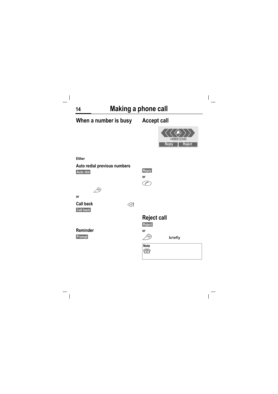 Making a phone call, When a number is busy, Accept call | Reject call | Siemens MT50 User Manual | Page 16 / 96