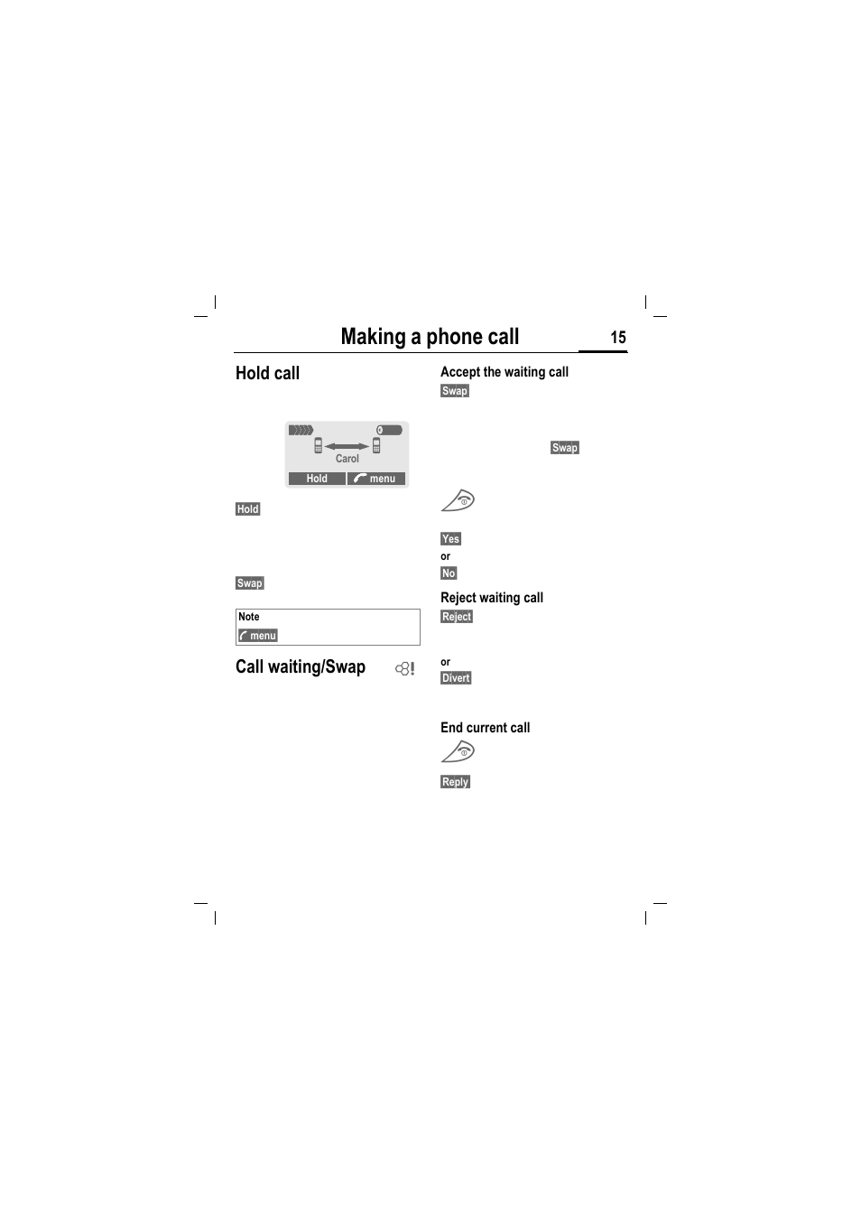 Making a phone call, Hold call, Call waiting/swap | Siemens MT50 User Manual | Page 17 / 96