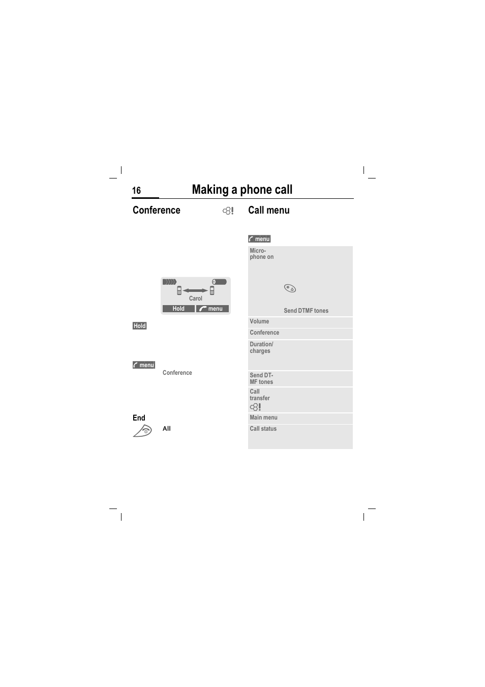 Making a phone call, Conference, Call menu | Siemens MT50 User Manual | Page 18 / 96