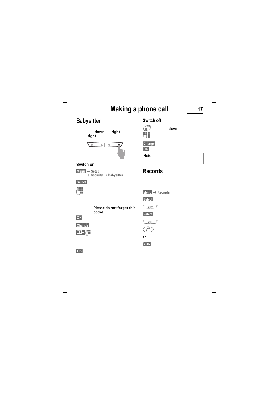 Making a phone call, Babysitter, Records | Siemens MT50 User Manual | Page 19 / 96