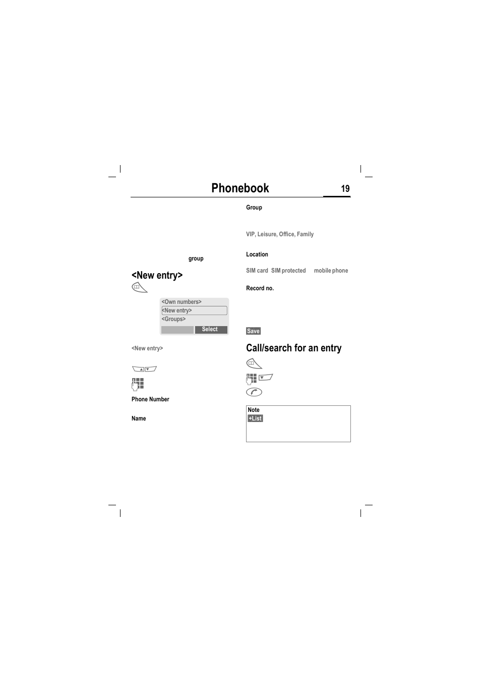 Phonebook, New entry, Call/search for an entry | Siemens MT50 User Manual | Page 21 / 96