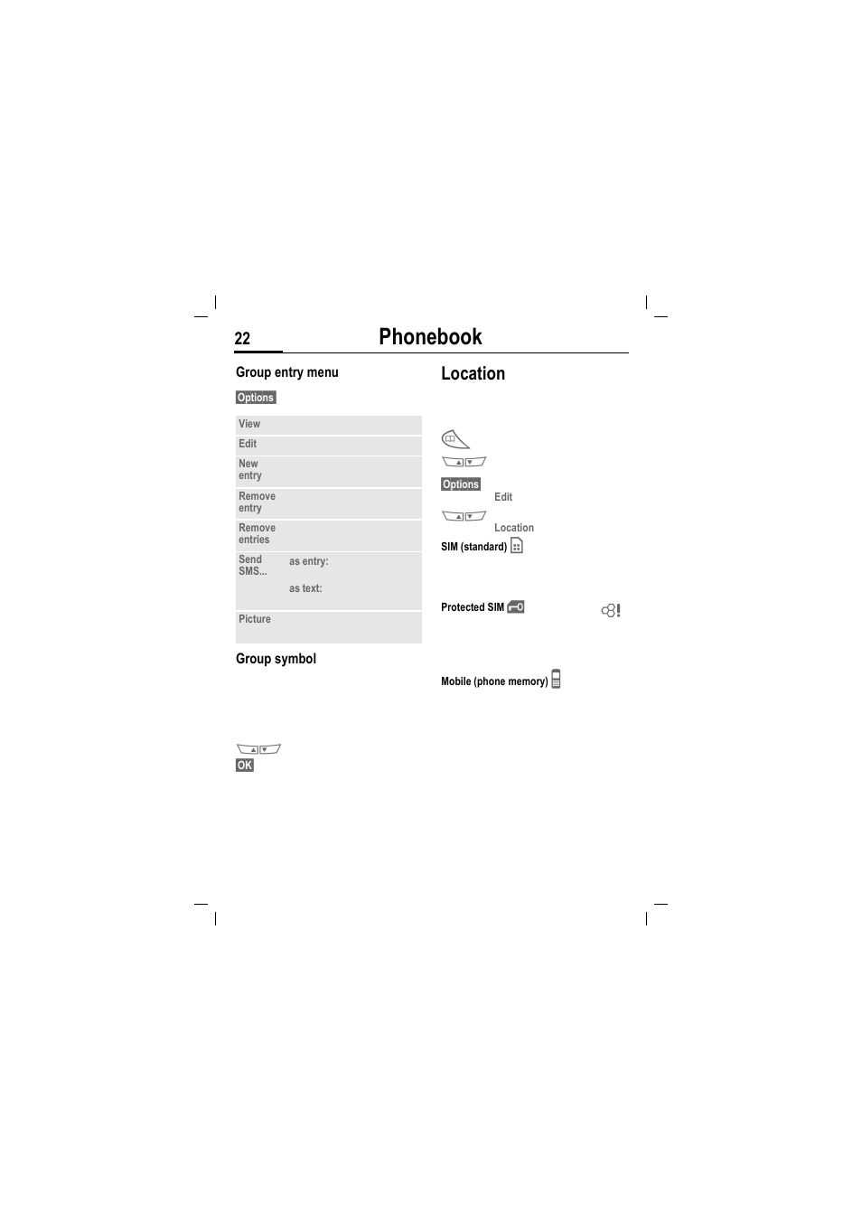 Phonebook, Location | Siemens MT50 User Manual | Page 24 / 96