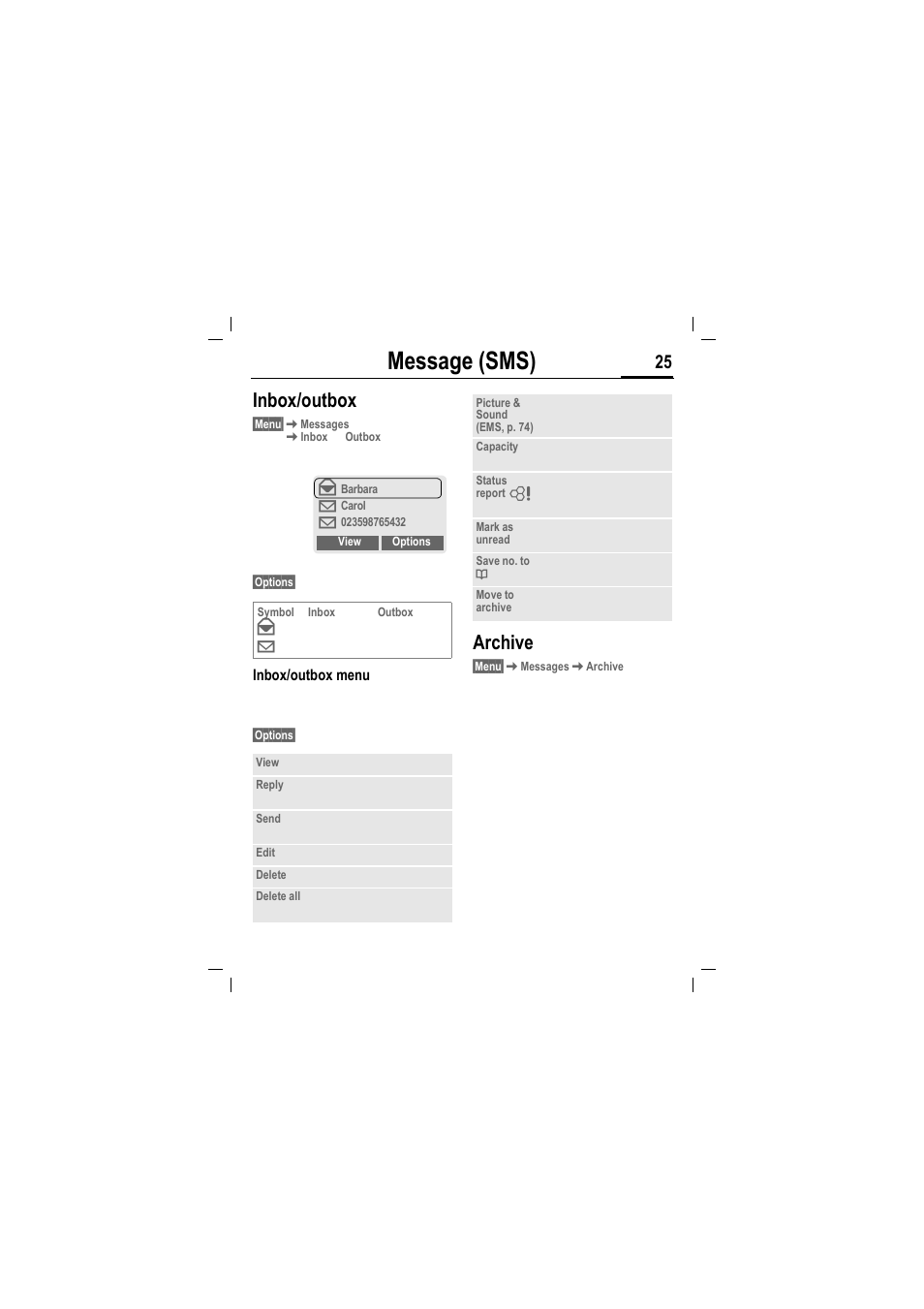 Message (sms), Inbox/outbox, Archive | Siemens MT50 User Manual | Page 27 / 96