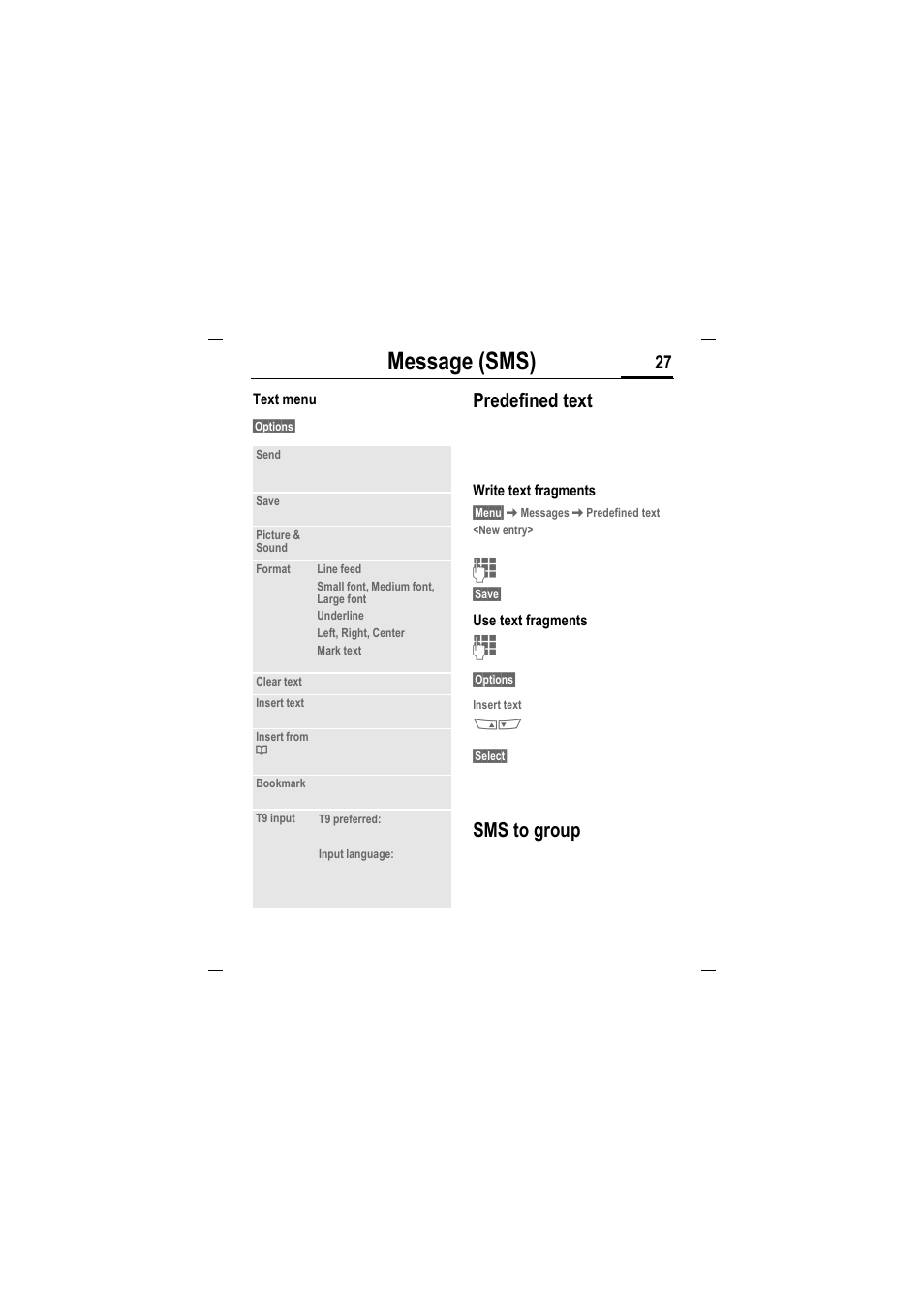 Message (sms), Predefined text, Sms to group | Siemens MT50 User Manual | Page 29 / 96