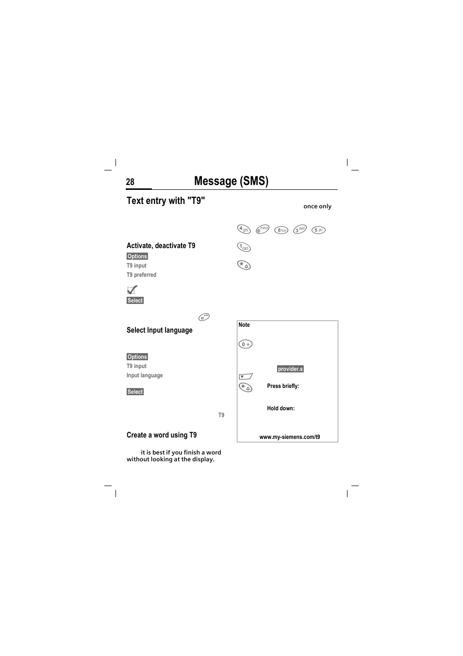 Message (sms), Text entry with "t9 | Siemens MT50 User Manual | Page 30 / 96