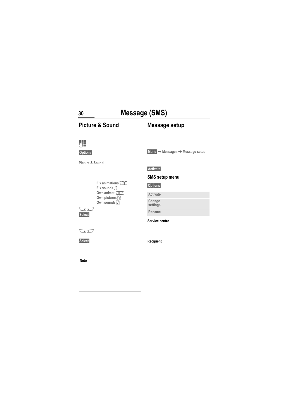 Message (sms), Picture & sound, Message setup | Siemens MT50 User Manual | Page 32 / 96