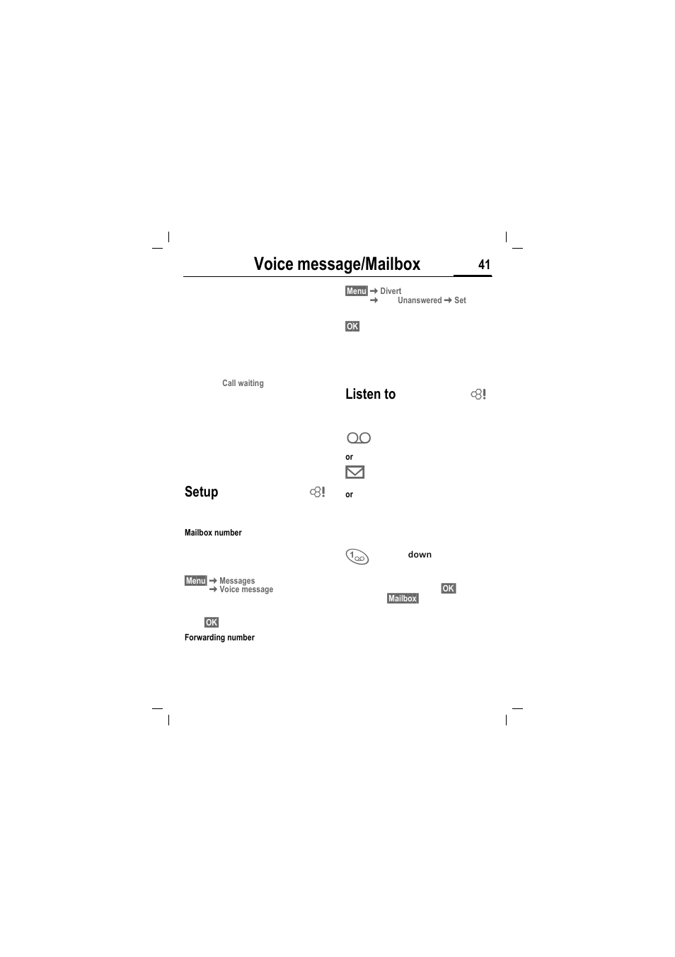 Voice message/mailbox, Setup, Listen to | Siemens MT50 User Manual | Page 43 / 96