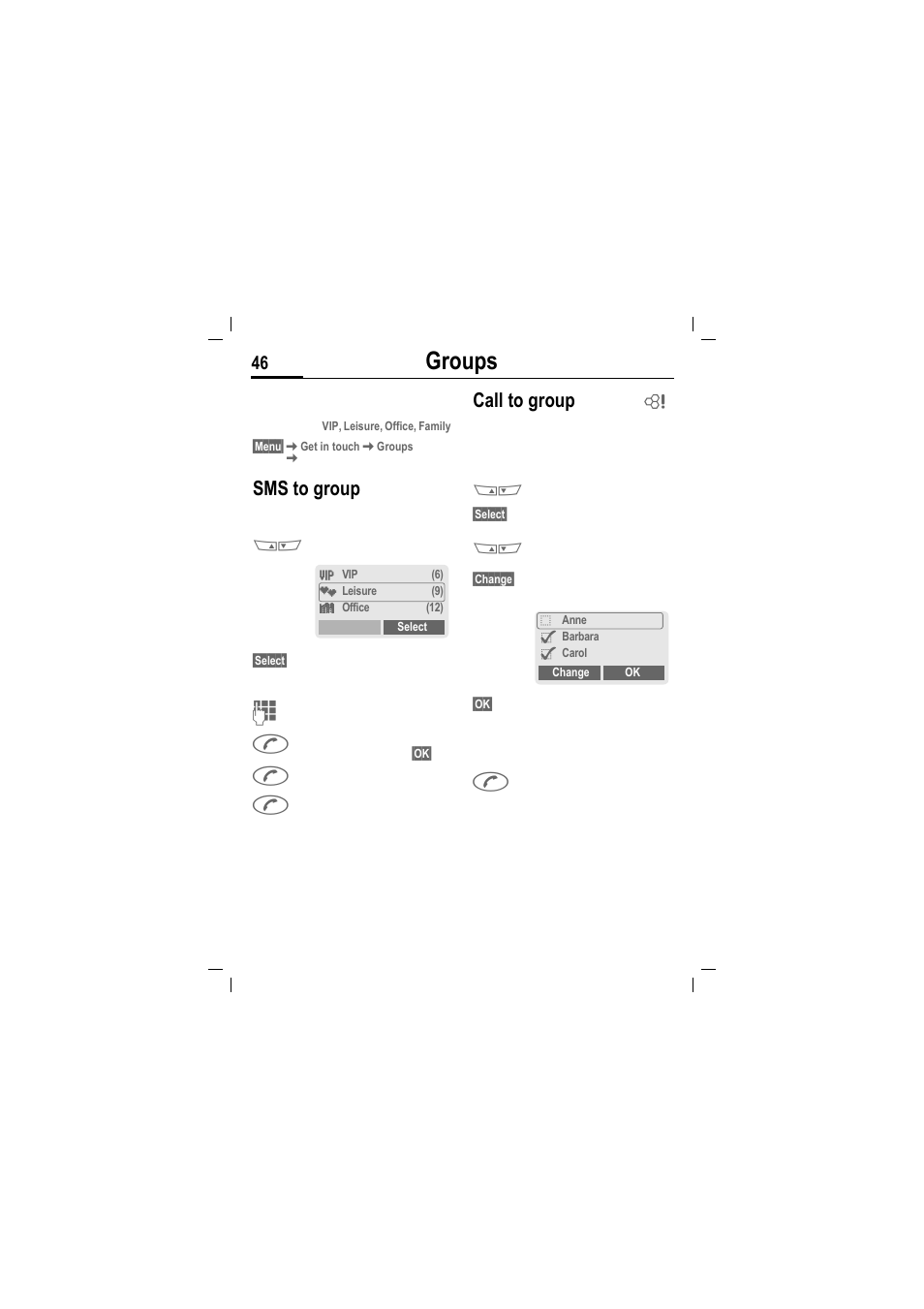 Groups, Sms to group, Call to group | Siemens MT50 User Manual | Page 48 / 96