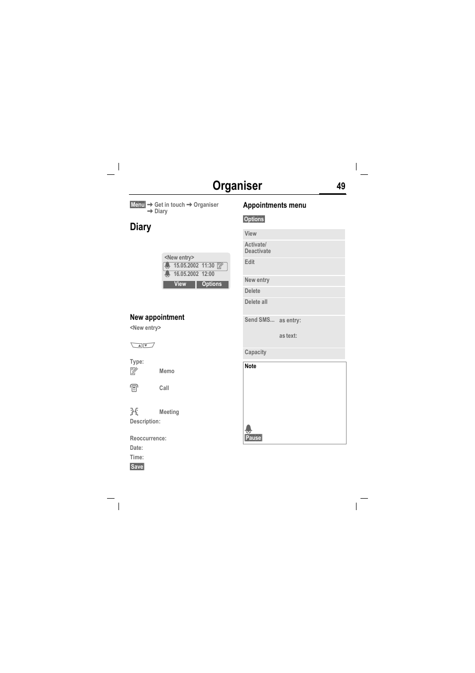 Organiser, Diary | Siemens MT50 User Manual | Page 51 / 96