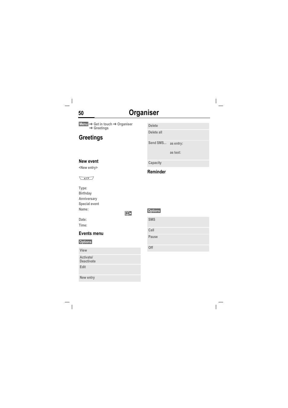 Organiser, Greetings | Siemens MT50 User Manual | Page 52 / 96