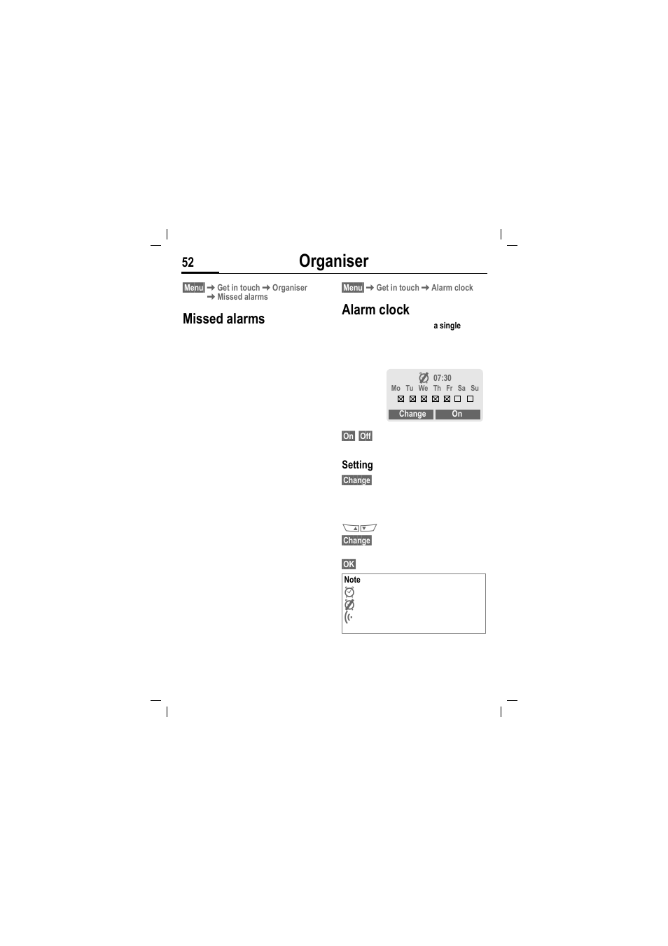 Organiser, Missed alarms, Alarm clock | Siemens MT50 User Manual | Page 54 / 96