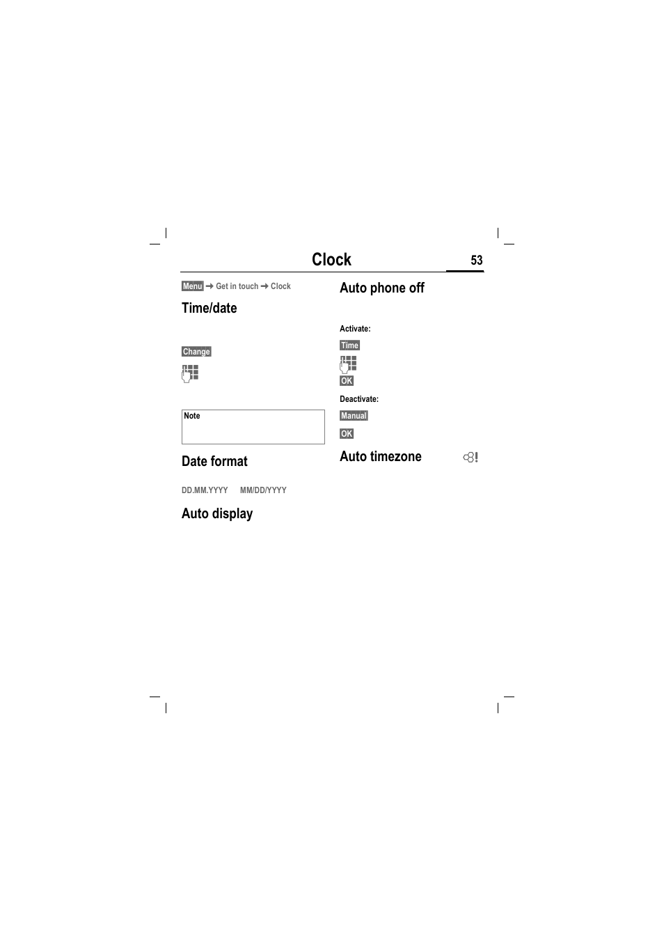 Clock, Time/date, Date format | Auto display, Auto phone off, Auto timezone | Siemens MT50 User Manual | Page 55 / 96