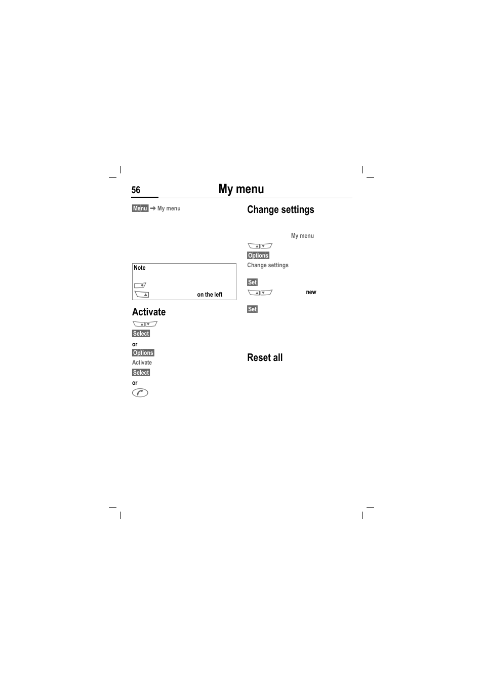 My menu, Activate, Change settings | Reset all | Siemens MT50 User Manual | Page 58 / 96