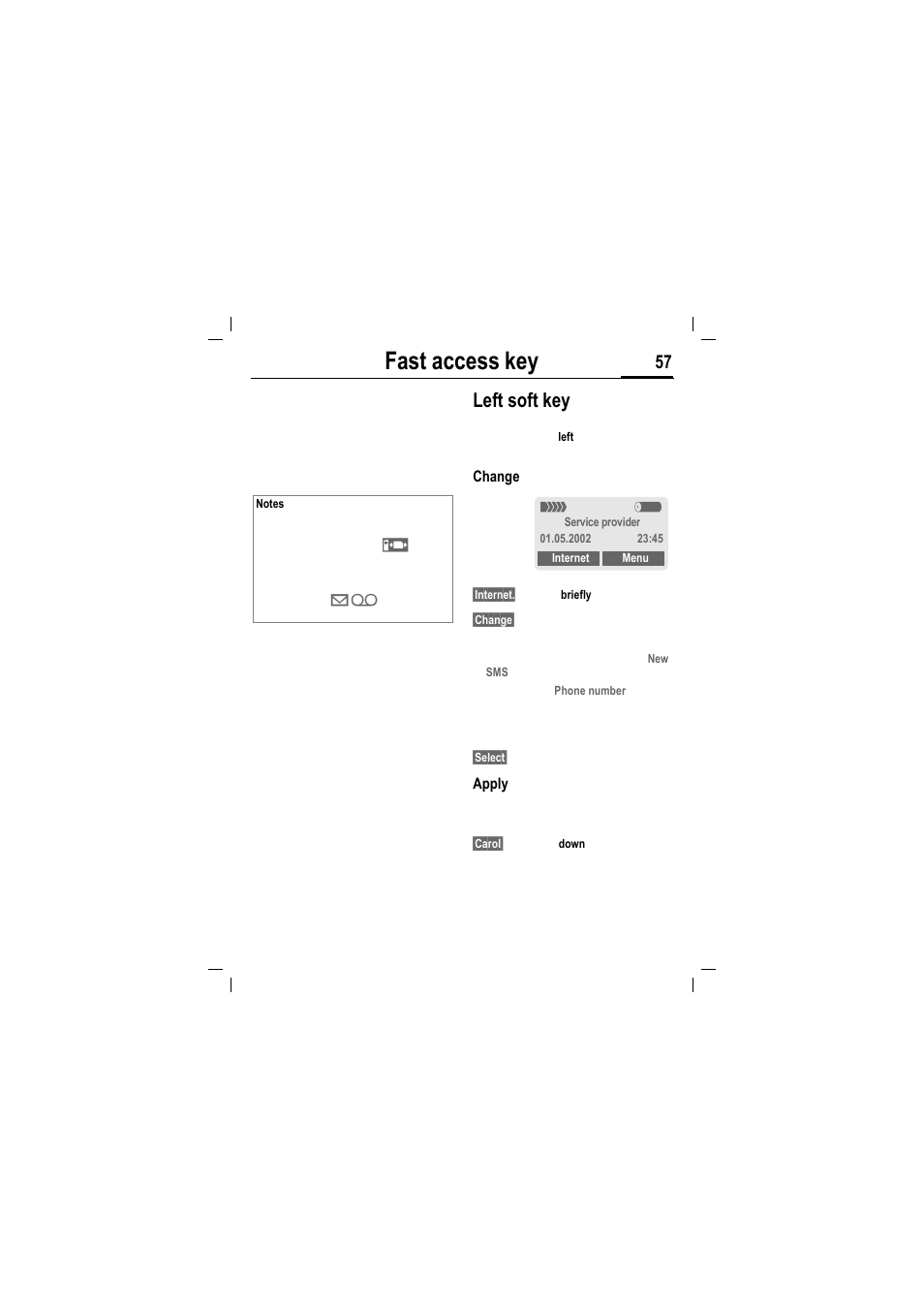 Fast access key, Left soft key | Siemens MT50 User Manual | Page 59 / 96