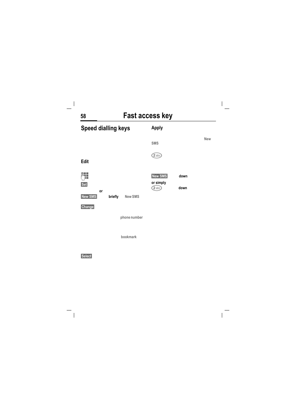 Fast access key, Speed dialling keys | Siemens MT50 User Manual | Page 60 / 96