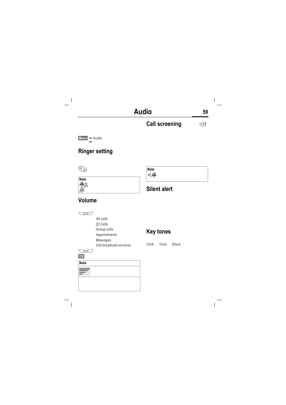 Audio, Ringer setting, Volume | Call screening, Silent alert, Key tones | Siemens MT50 User Manual | Page 61 / 96